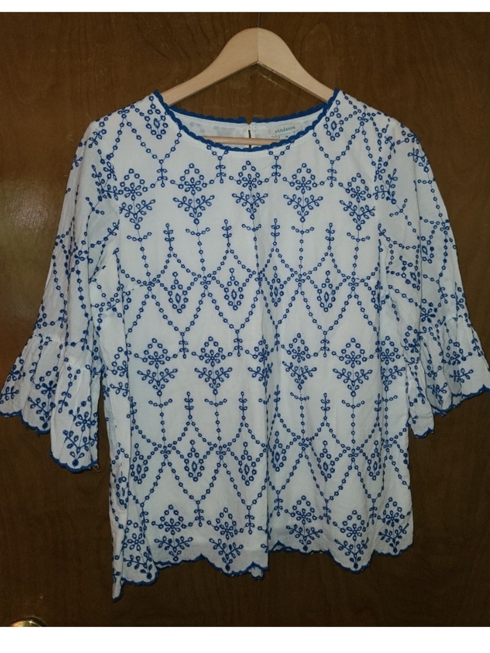 SUNDANCE Bohemian Festival White Blue Lace Eyelet Embroidery Blouse m